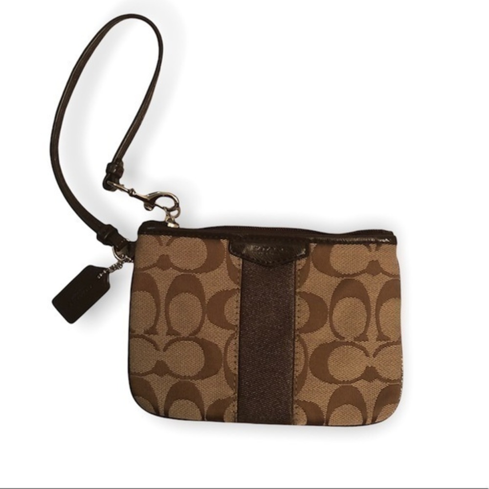 Coach brown Signature c striped wristlet bag